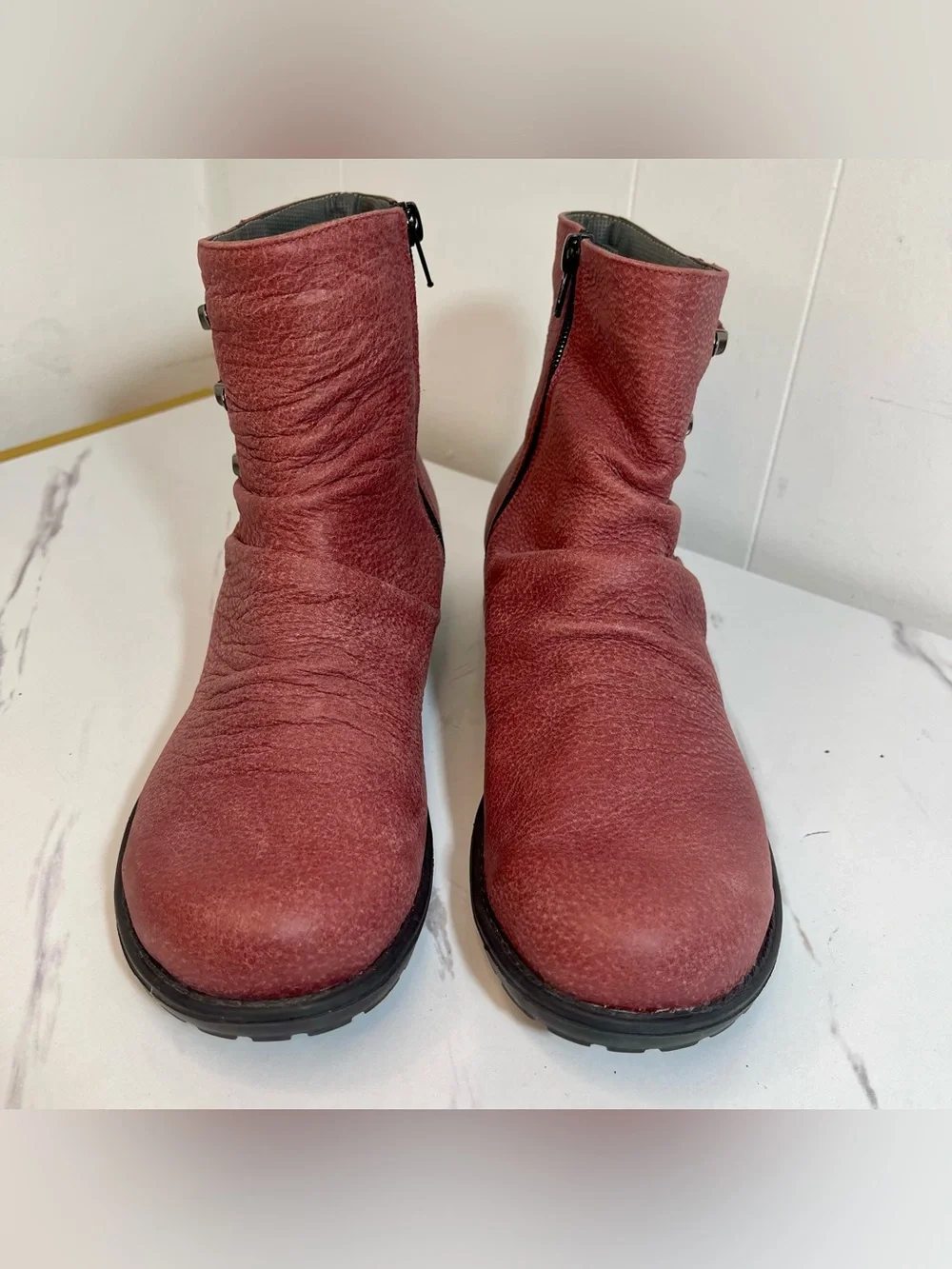 Rose Red Textured Ruched Leather Ankle Boots with Lace Detail Size 9.5M